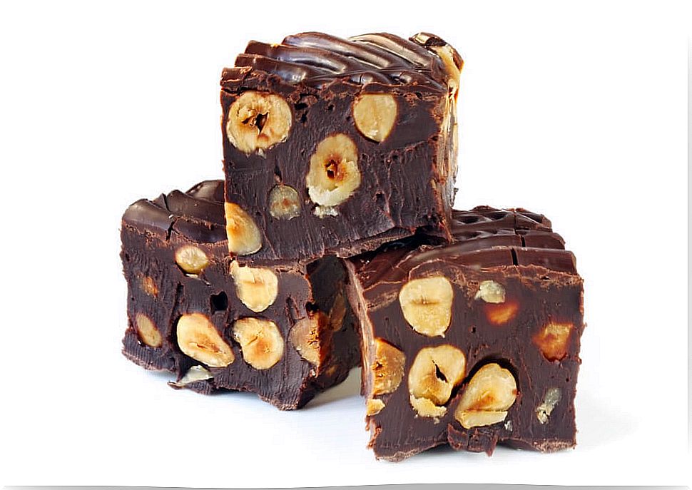 Chocolate nougat with nuts.