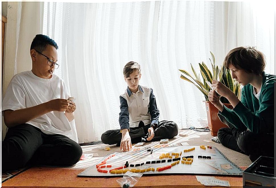 Children playing board games.