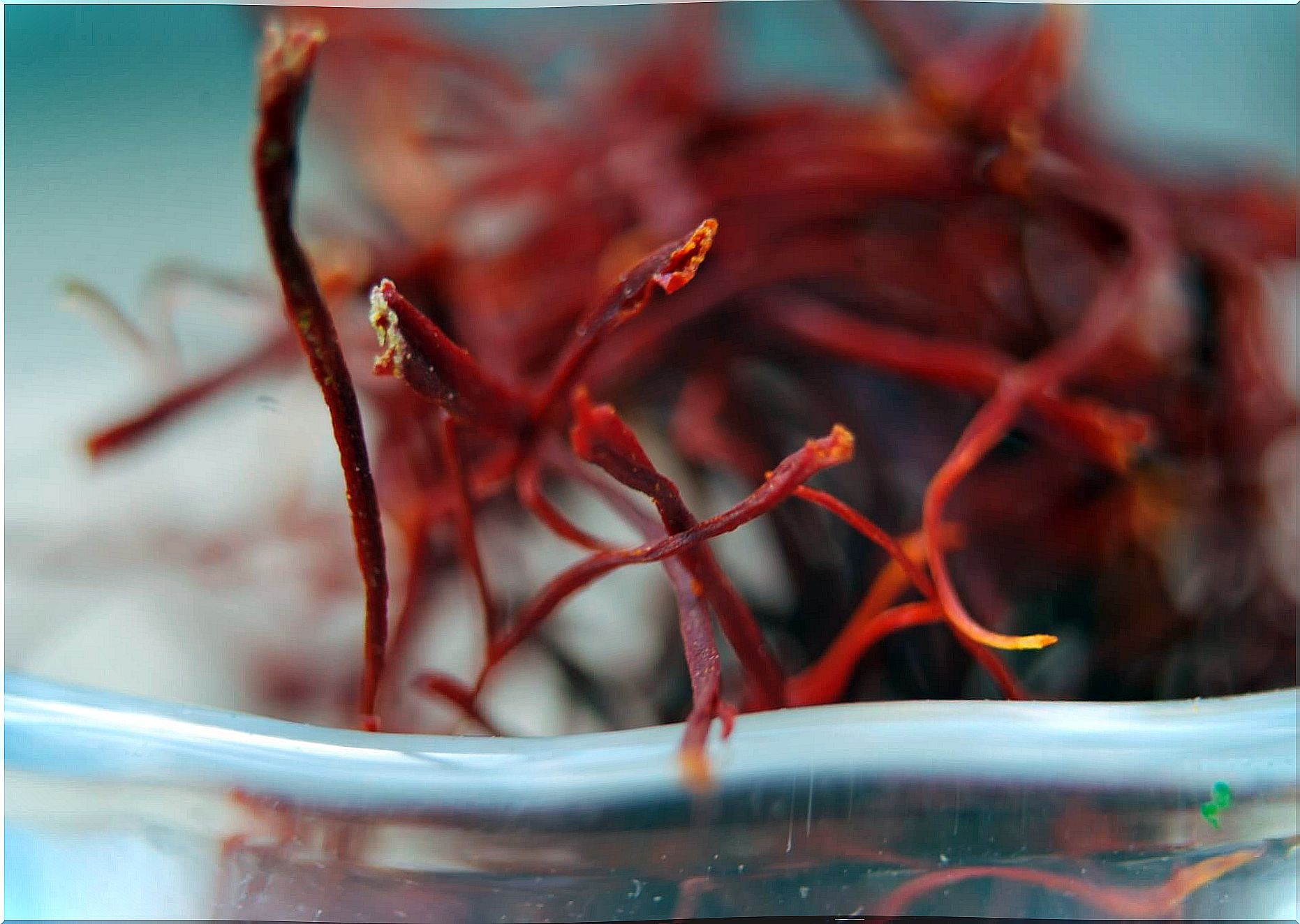 Saffron in a glass jar.